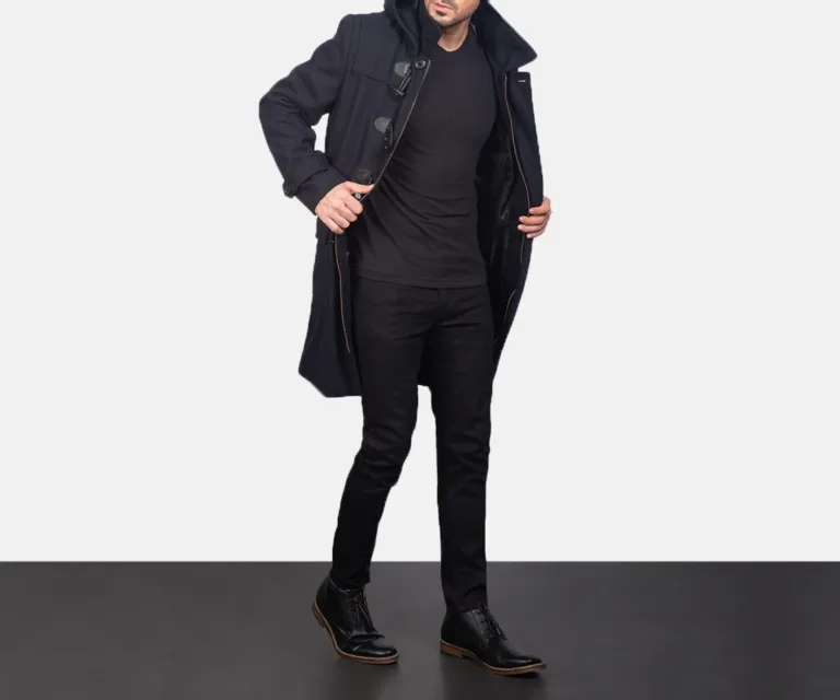 Drake Black Wool Hooded Duffle Coat — Front Hero View