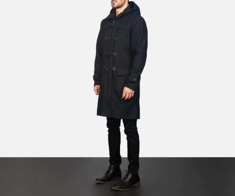Drake Black Wool Hooded Duffle Coat — Three-Quarter Perspective