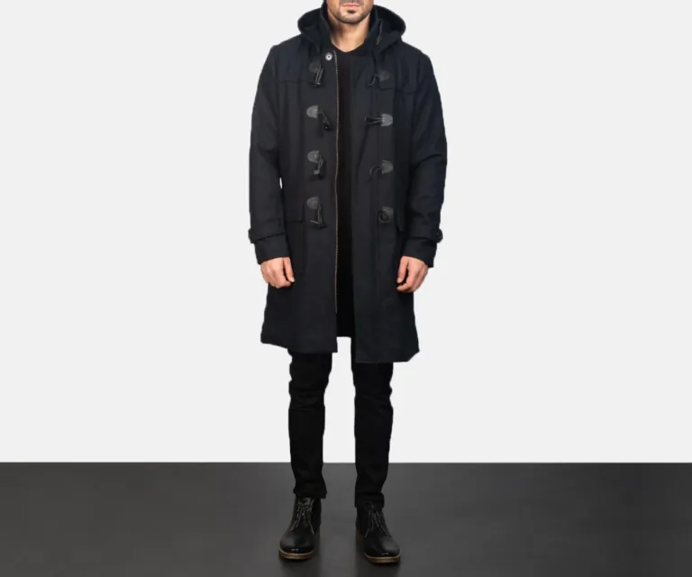 Drake Black Wool Hooded Duffle Coat — Front Detail & Closure