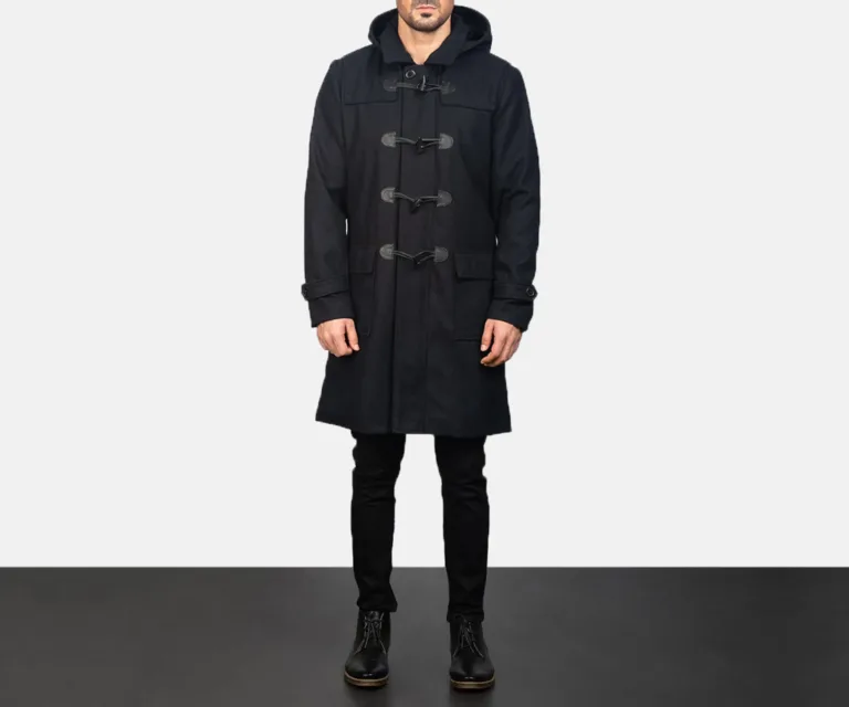 Drake Black Wool Hooded Duffle Coat — Rear Profile View