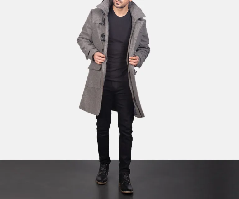 Drake Grey Wool Hooded Duffle Coat — Front Hero View