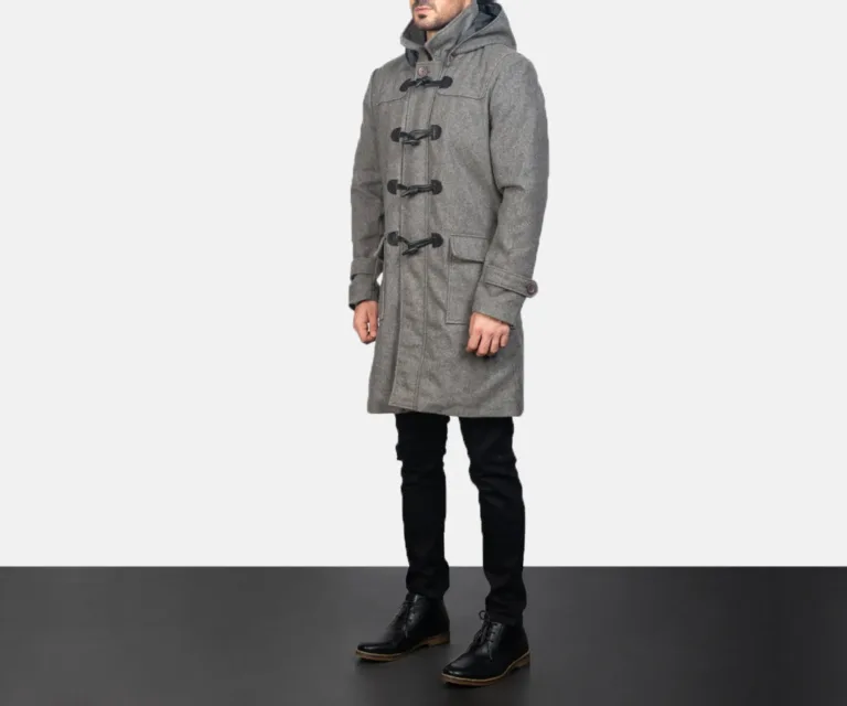 Drake Grey Wool Hooded Duffle Coat — Three-Quarter Perspective