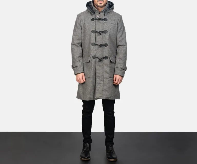 Drake Grey Wool Hooded Duffle Coat — Front Detail & Closure