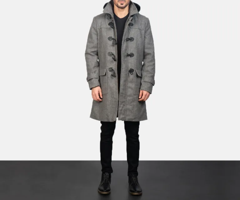 Drake Grey Wool Hooded Duffle Coat — Rear Profile View