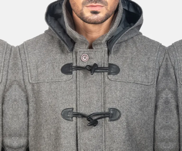 Drake Grey Wool Hooded Duffle Coat — Full Editorial Model Perspective