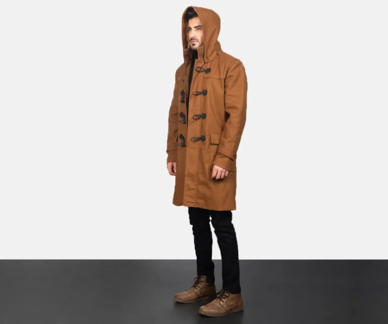 Drake Khaki Wool Hooded Duffle Coat — Three-Quarter Perspective
