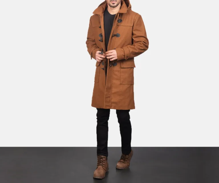 Drake Khaki Wool Hooded Duffle Coat — Front Detail & Closure