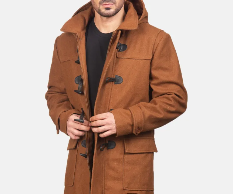 Drake Khaki Wool Hooded Duffle Coat — Full Editorial Model Perspective