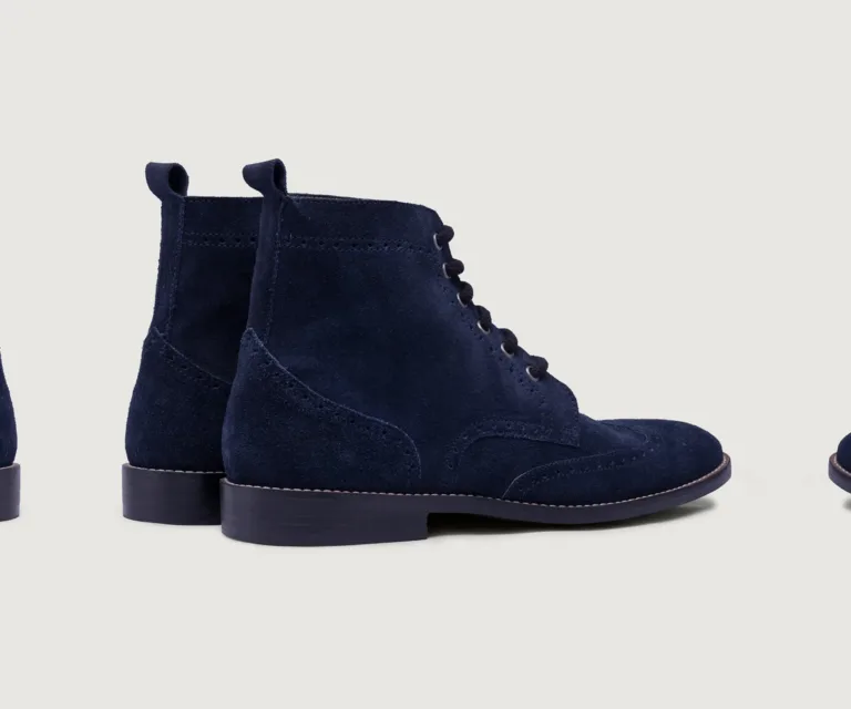 Duster Brogues Blue Suede Leather Boots - StudGuard Handcrafted Men's Footwear — Heel Counter & Rear View