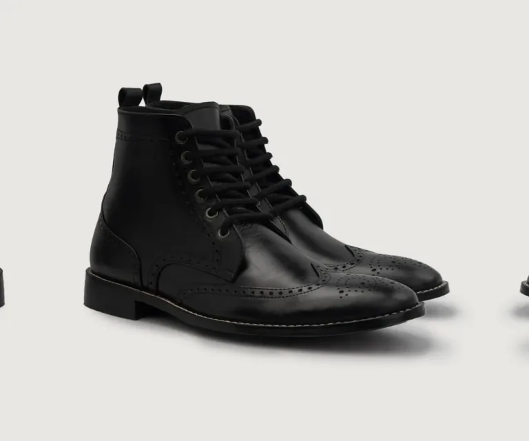Duster Brogues Derby Black Leather Boots Handcrafted Men's Footwear — Lateral Profile Hero View