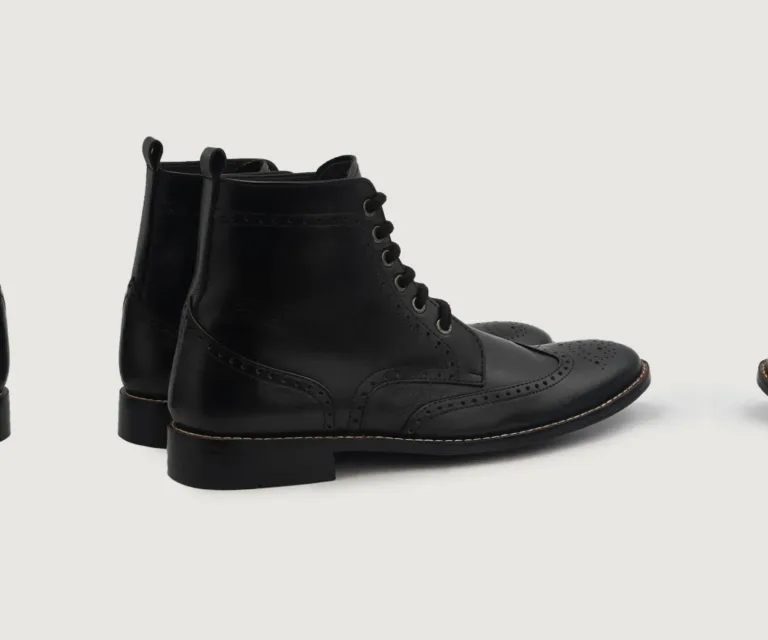 Duster Brogues Derby Black Leather Boots Handcrafted Men's Footwear — Toe Cap & Vamp Detail