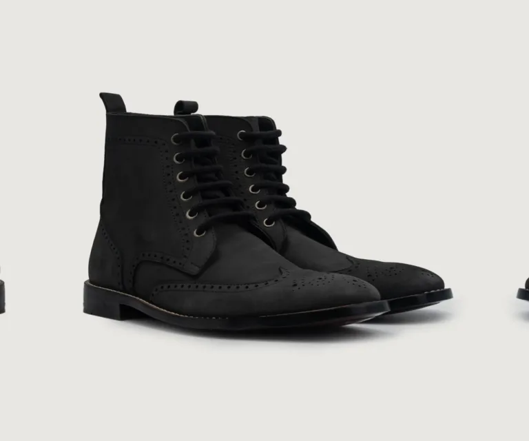 Duster Brogues Derby Black Nubuck Leather Boots Handcrafted Men's Footwear — Lateral Profile Hero View