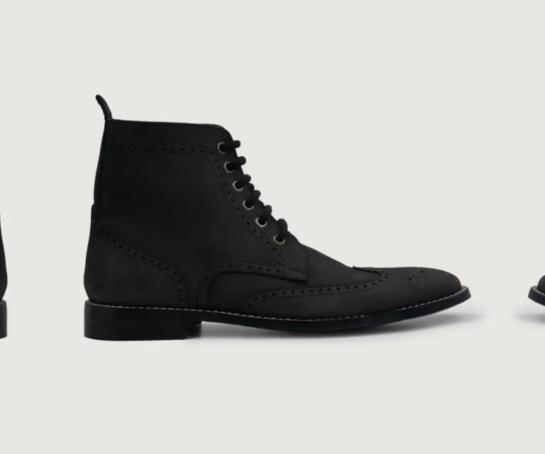 Duster Brogues Derby Black Nubuck Leather Boots Handcrafted Men's Footwear — Three-Quarter Perspective