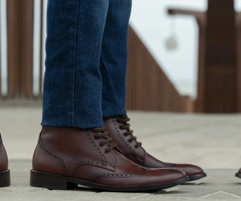 Duster Brogues Derby Brown Burnished Leather Boots - StudGuard Handcrafted Men's Footwear — Complete Pair Presentation