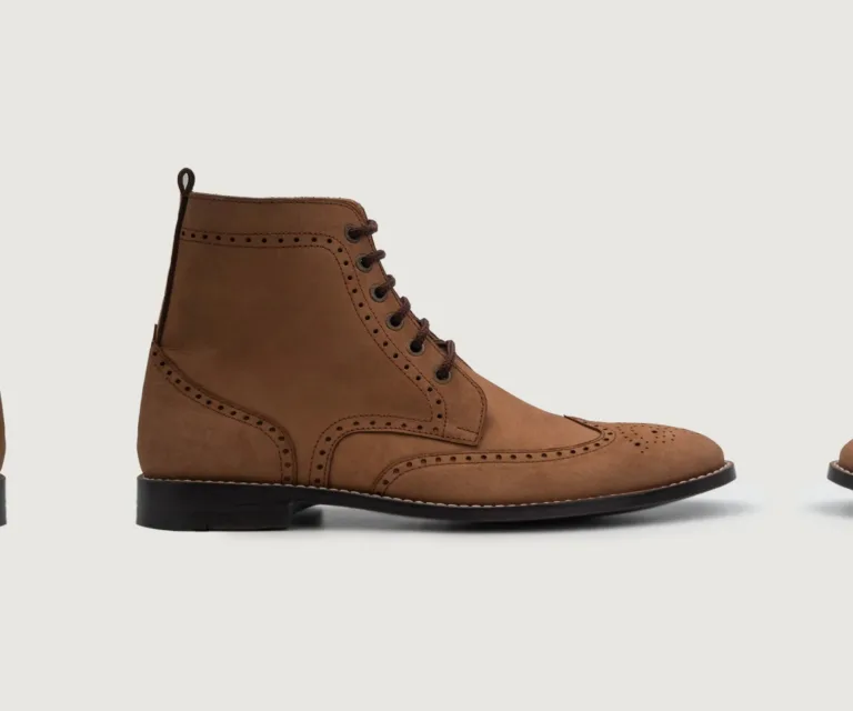 Duster Brogues Derby Brown Nubuck Leather Boots Handcrafted Men's Footwear — Three-Quarter Perspective