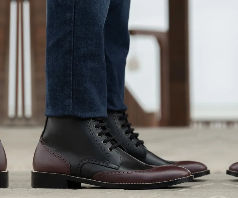 Duster Brogues Derby Maroon Black Leather Boots - StudGuard Handcrafted Men's Footwear — Complete Pair Presentation