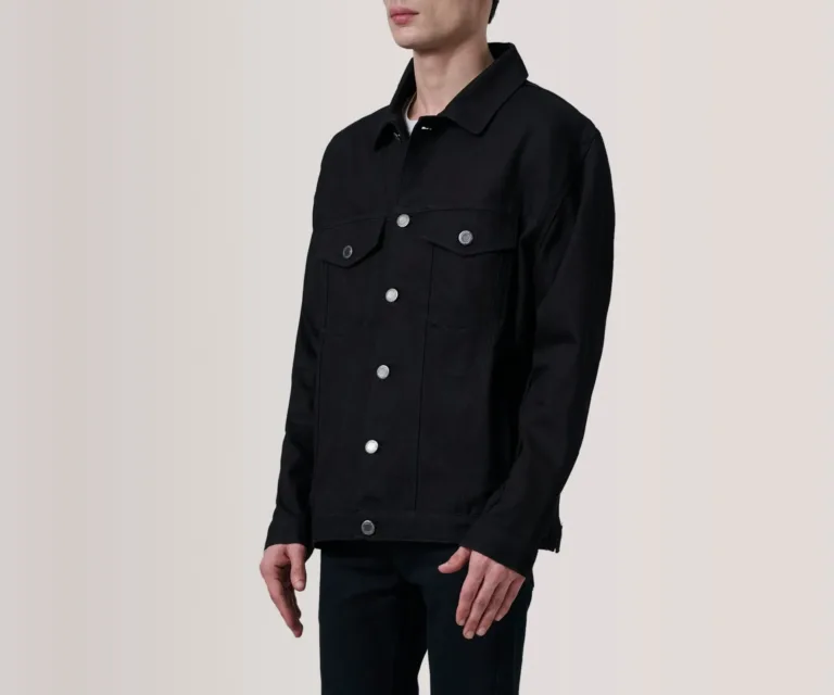 Eddie Black Oversized Denim Trucker Jacket — Side Profile View
