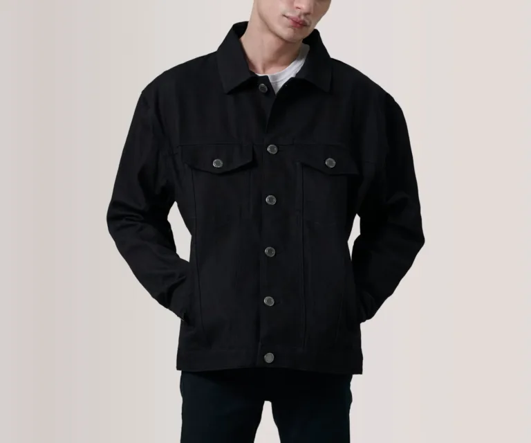 Eddie Black Oversized Denim Trucker Jacket — Front Close-Up View