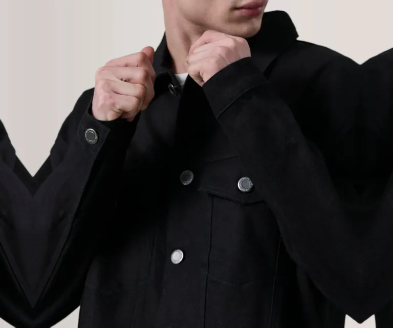Eddie Black Oversized Denim Trucker Jacket — Macro Hardware & Fabric Texture