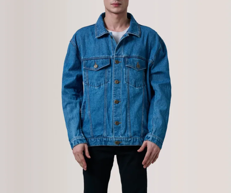 Eddie Dark Blue Oversized Denim Trucker Jacket — Full Body Perspective