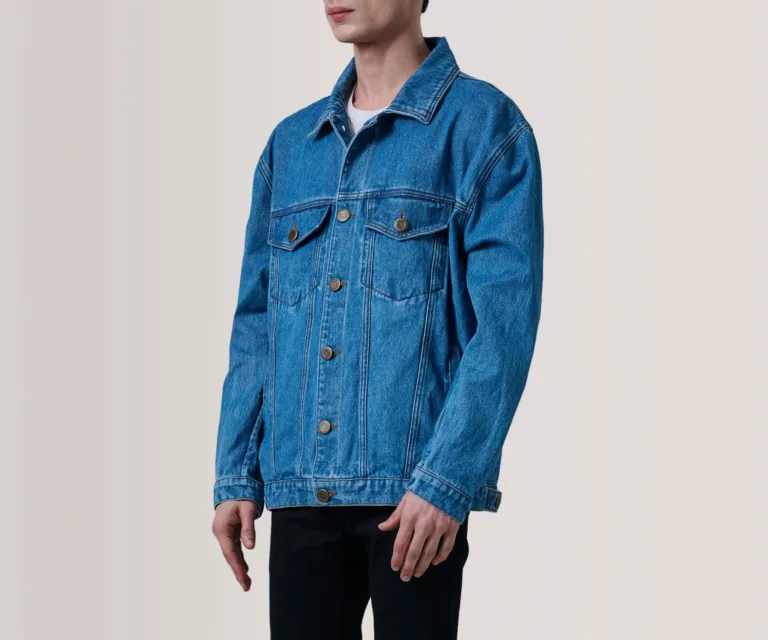 Eddie Dark Blue Oversized Denim Trucker Jacket — Side Profile View