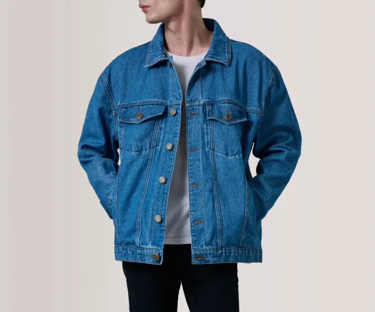 Eddie Dark Blue Oversized Denim Trucker Jacket — Front Close-Up View