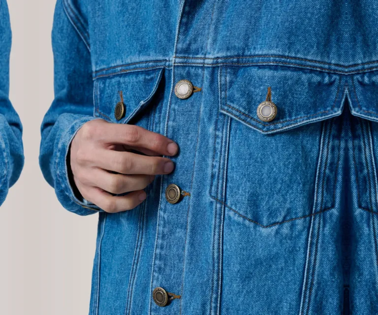 Eddie Dark Blue Oversized Denim Trucker Jacket — Macro Hardware & Fabric Texture