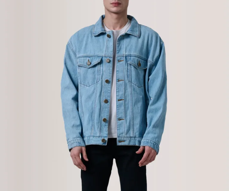 Eddie Light Blue Oversized Denim Trucker Jacket — Front Hero View