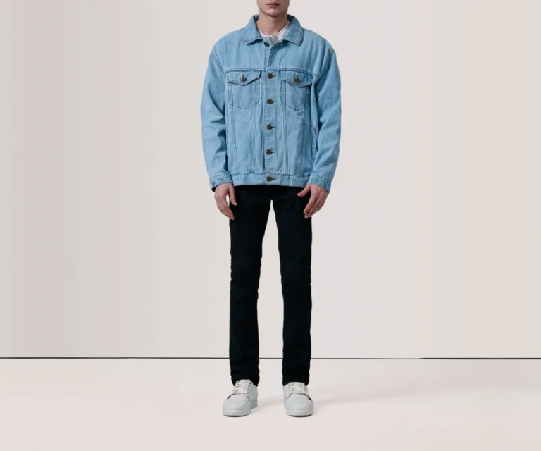 Eddie Light Blue Oversized Denim Trucker Jacket — Full Body Perspective