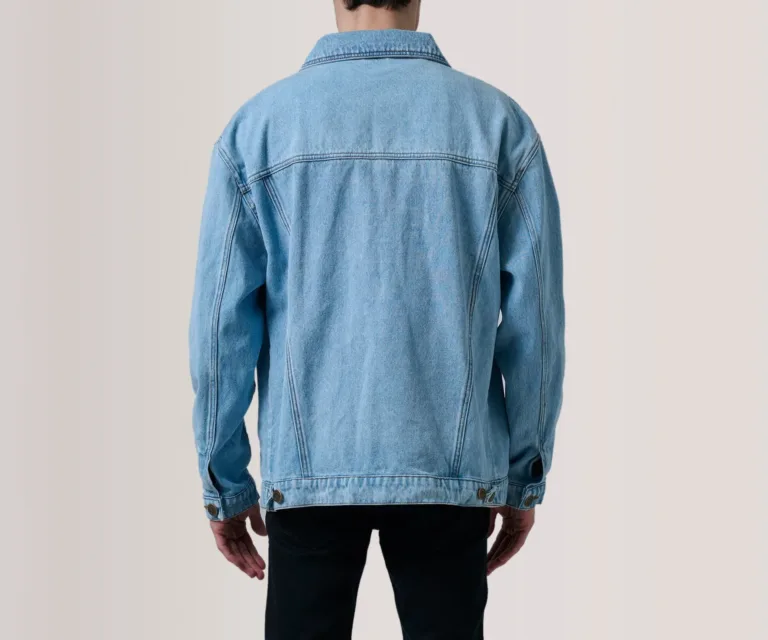 Eddie Light Blue Oversized Denim Trucker Jacket — Rear Angle View