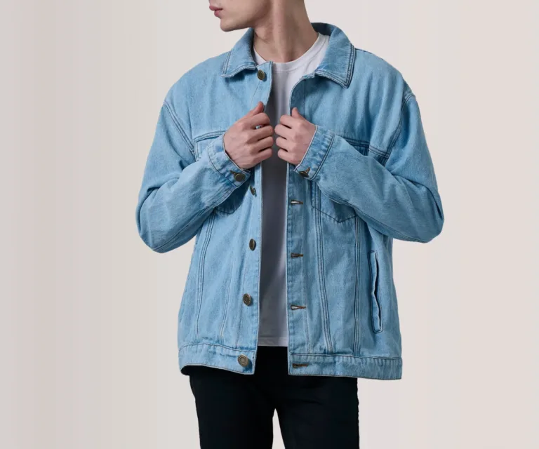Eddie Light Blue Oversized Denim Trucker Jacket — Front Close-Up View