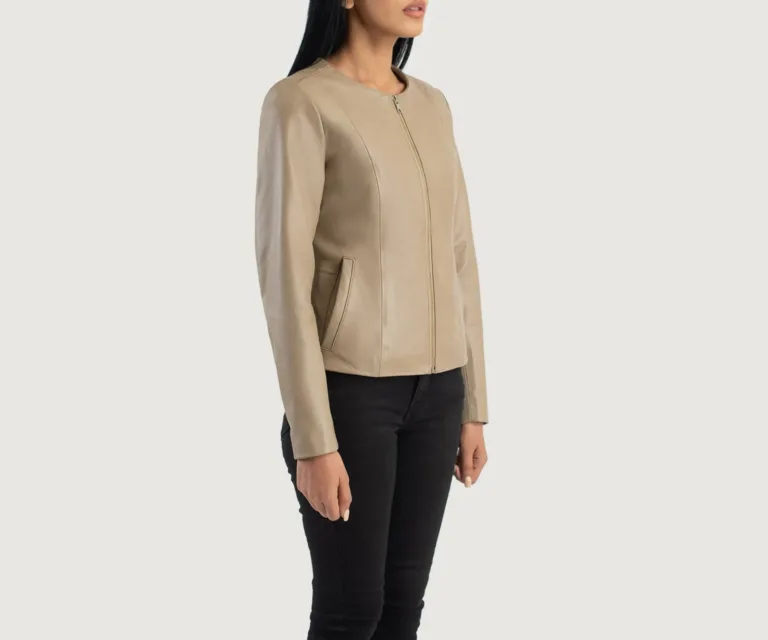 Elixir Beige Collarless Leather Jacket Luxury Women's Outerwear — Three-Quarter Editorial Perspective