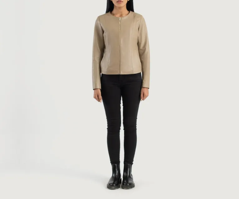 Elixir Beige Collarless Leather Jacket Luxury Women's Outerwear — Collar & Ribbed Trim Architecture