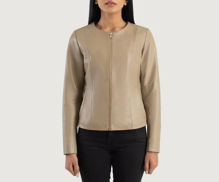Elixir Beige Collarless Leather Jacket Luxury Women's Outerwear — Rear Profile & Tailored Seaming