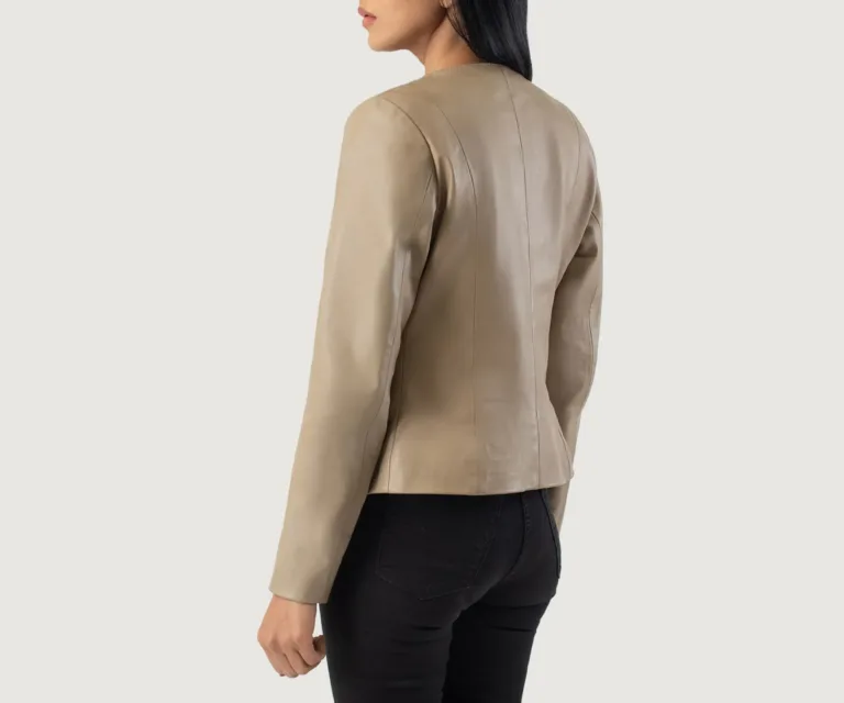 Elixir Beige Collarless Leather Jacket Luxury Women's Outerwear — Macro Hardware & Leather Grain