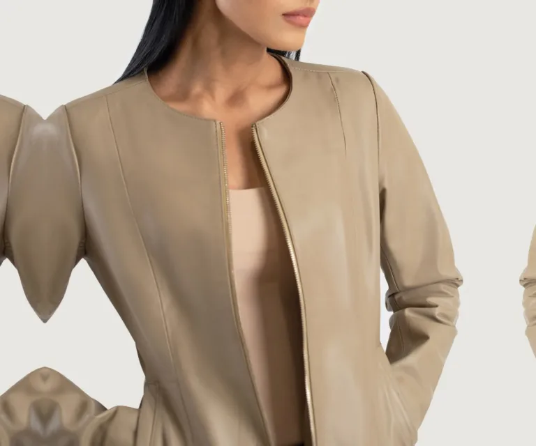Elixir Beige Collarless Leather Jacket Luxury Women's Outerwear — Full-Length Silhouette & Drape
