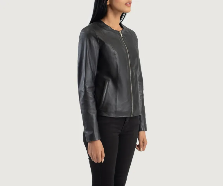 Elixir Black Collarless Leather Jacket Luxury Women's Outerwear — Three-Quarter Editorial Perspective