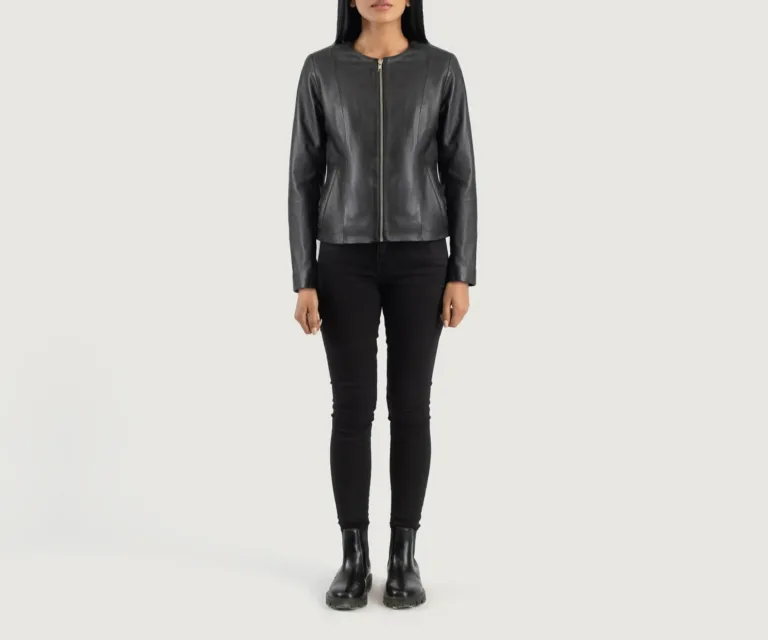 Elixir Black Collarless Leather Jacket Luxury Women's Outerwear — Collar & Ribbed Trim Architecture