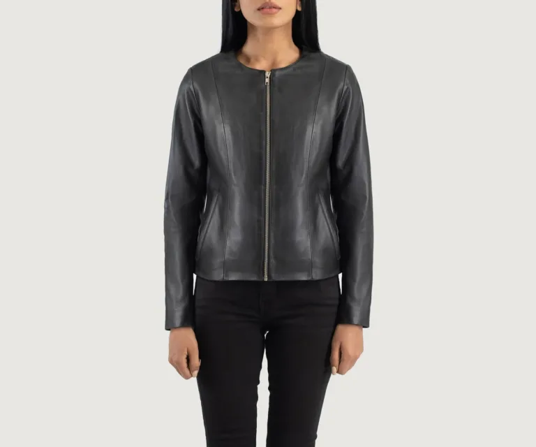 Elixir Black Collarless Leather Jacket Luxury Women's Outerwear — Rear Profile & Tailored Seaming