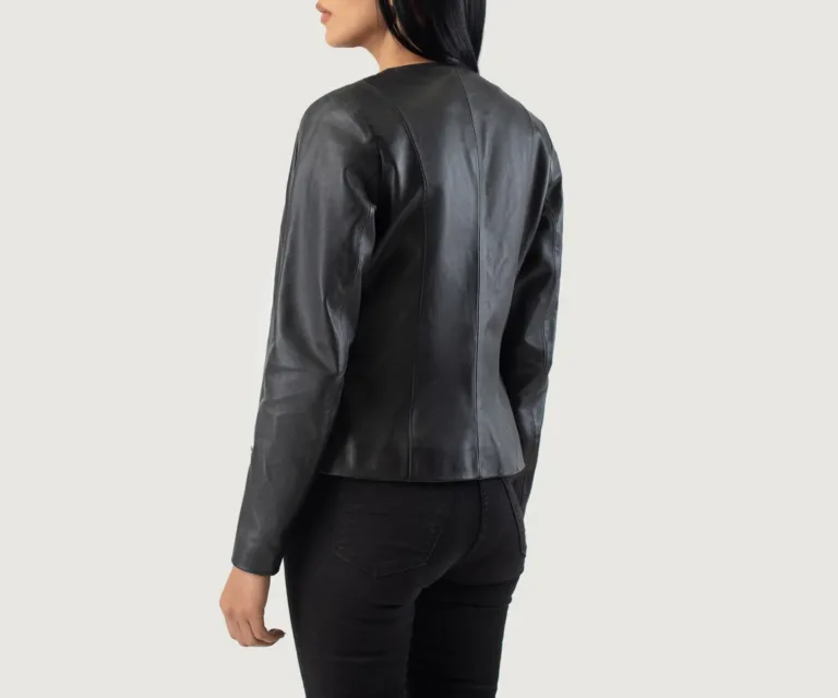 Elixir Black Collarless Leather Jacket Luxury Women's Outerwear — Macro Hardware & Leather Grain