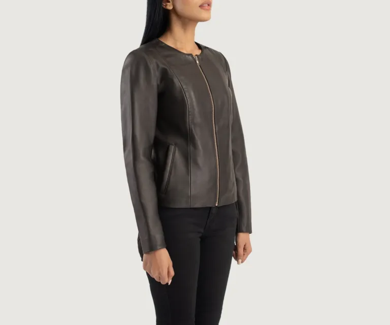 Elixir Brown Collarless Leather Jacket Luxury Women's Outerwear — Three-Quarter Editorial Perspective
