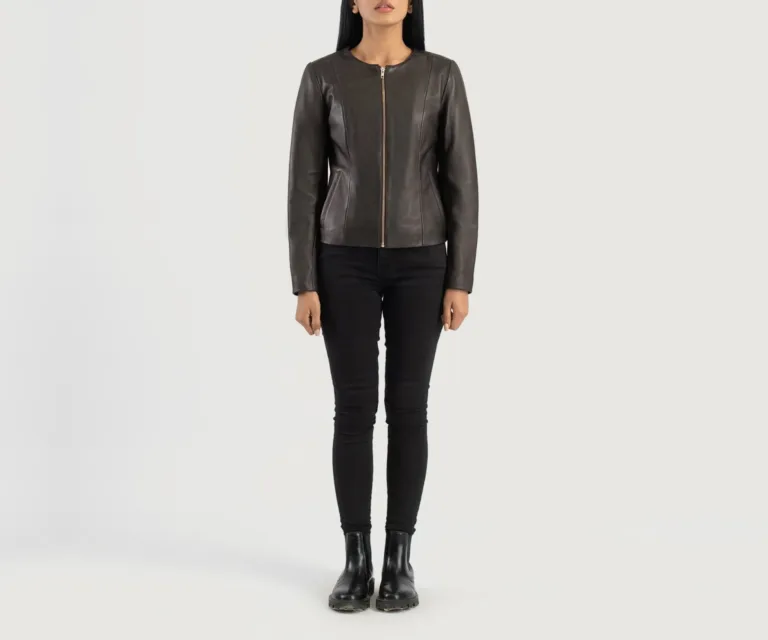 Elixir Brown Collarless Leather Jacket Luxury Women's Outerwear — Collar & Ribbed Trim Architecture