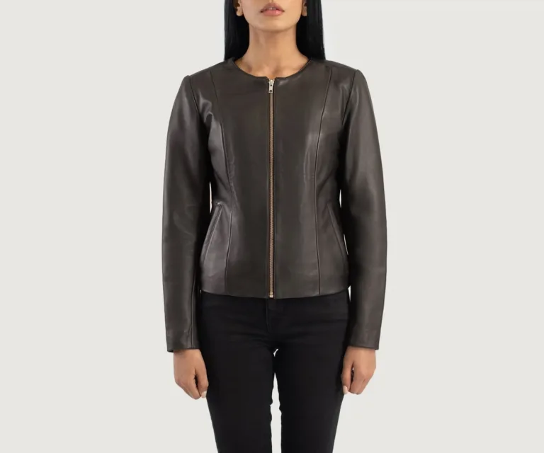 Elixir Brown Collarless Leather Jacket Luxury Women's Outerwear — Rear Profile & Tailored Seaming