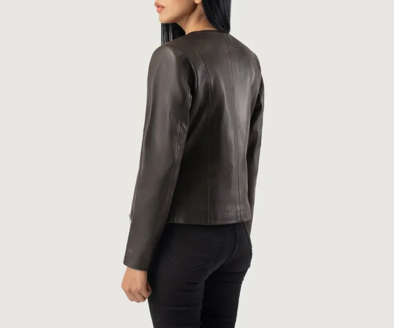 Elixir Brown Collarless Leather Jacket Luxury Women's Outerwear — Macro Hardware & Leather Grain