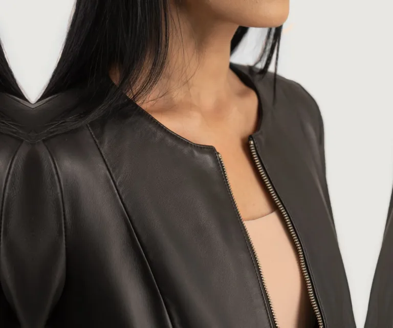 Elixir Brown Collarless Leather Jacket Luxury Women's Outerwear — Full-Length Silhouette & Drape