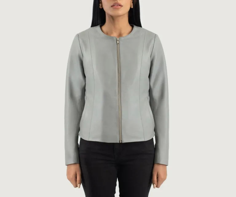 Elixir Grey Collarless Leather Jacket Luxury Women's Outerwear — Front Silhouette Hero Presentation