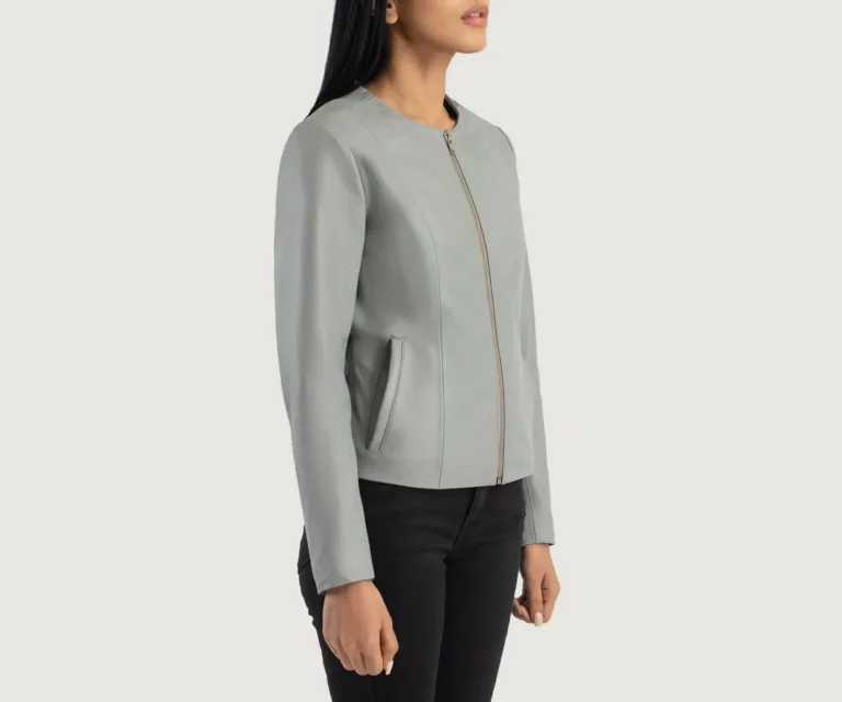 Elixir Grey Collarless Leather Jacket Luxury Women's Outerwear — Three-Quarter Editorial Perspective