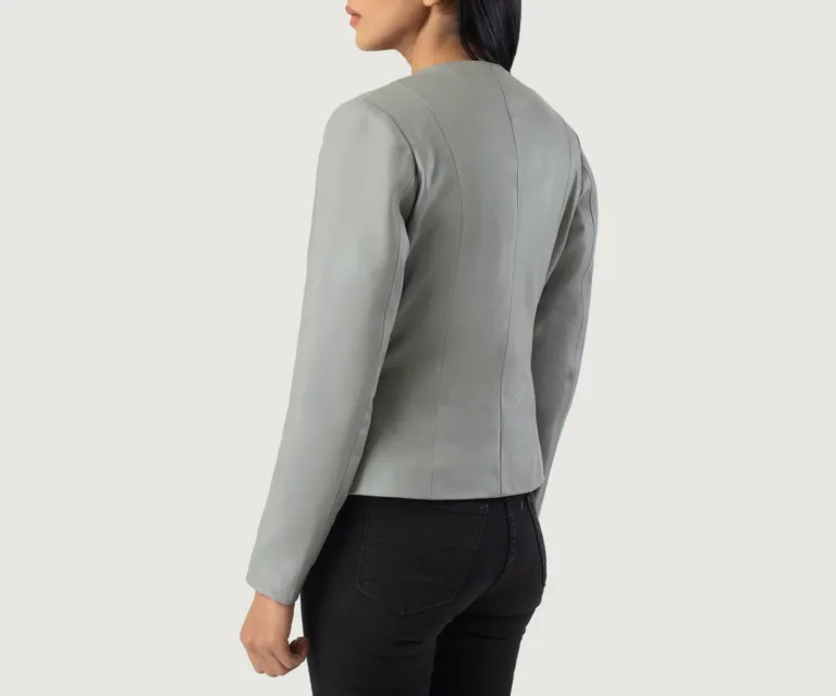 Elixir Grey Collarless Leather Jacket Luxury Women's Outerwear — Collar & Ribbed Trim Architecture