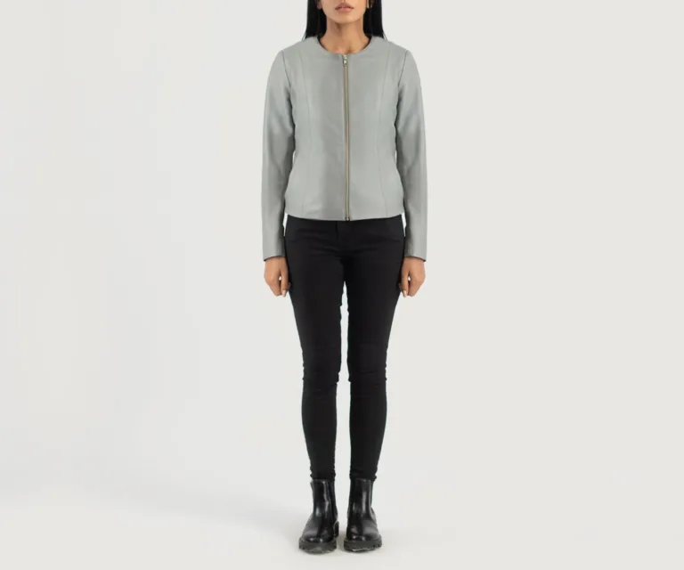 Elixir Grey Collarless Leather Jacket Luxury Women's Outerwear — Rear Profile & Tailored Seaming