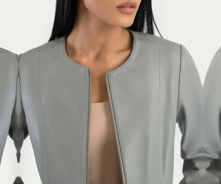 Elixir Grey Collarless Leather Jacket Luxury Women's Outerwear — Macro Hardware & Leather Grain